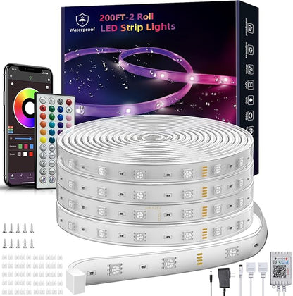 Outdoor Led Strip Lights Waterproof 198ft (2*99ft), Ip65 Outside Led Light Strip Waterproof with Remote and App Control, Exterior Led Rope Lights Music Syne RGB Strip Lights for Bedroom Decor