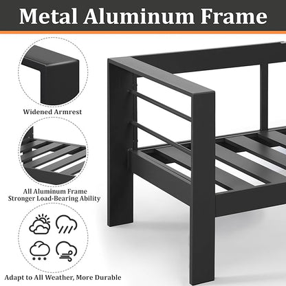Kiss the Water Outdoor Patio Furniture Loveseat Sofa, All-Weather Metal Aluminum Patio Couch with 5" Thick and Soft Cushion and Wide Arm, Outdoor Couch for Balcony, Porch, Backyard