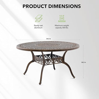 Outdoor Patio Dining Table - All-Weather Cast Aluminum 54.5" x 28.5“ Round Patio Table with 2" Umbrella Hole for Balcony Lawn Garden Backyard