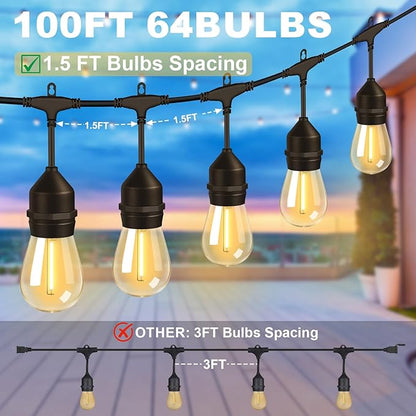 String Lights 100FT Outdoor LED with 64+4 Warm Yellow Bulbs