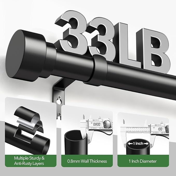 2 Pack Curtain Rods for Windows 66 to 120, 1 Inch Black Adjustable Heavy Duty Extra Long Curtain Rod with End Caps, Modern Indoor Outdoor Window Drapery Rods for Patio Bedroom, Size 32"-120"