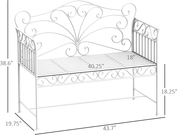 Patio Bench, White Metal with Armrests, 440 lb Capacity