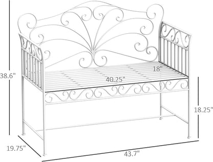 Patio Bench, White Metal with Armrests, 440 lb Capacity
