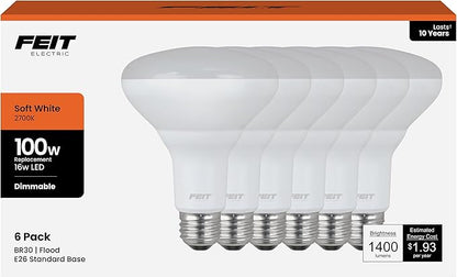 Feit Electric BR30 LED Light Bulbs, 100W Equivalent, Dimmable, E26 Standard Base, 80 CRI, 1400 Lumens, 2700K Soft White, 120V, 10 Years Lifetime, Damp Rated, 6 Pack, 100BR30DM82710KLED/6