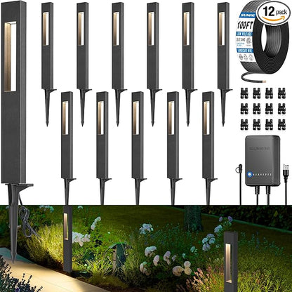SUNVIE All-In-One LED Low Voltage Landscape Lighting Kit 12 Pack Low Voltage Pathway Lights with 60W Transformer ETL Listed 100FT Wire for Path Garden, Waterproof Pathway Lights Wired, 3000K, Aluminum