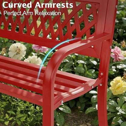VINGLI 47'' Outdoor Bench, Weather Resistant Garden Patio Bench Powder Coated Iron Frame w/PVC Mesh Backrest Slatted Seat, 2-Person Outdoor Furniture for Front Porch Entryway Park (Red)