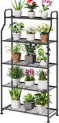 Kitsure Plant Stand Indoor & Outdoor - 5-Tier Metal Plant Shelf with Adjustable Leveling Feet, Easy to Assemble Planter Stand for Patio, Balcony, or Garden (Black, 27" x 11.4" x 53.9")