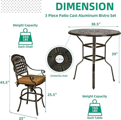 VIVIJASON 3-Piece Outdoor Swivel Bar Stools Set, All Weather Cast Aluminum Patio Bar Height Bistro Set with 2 Cushioned Bar Chairs & 38.5" High Bar Table w/Umbrella Hole for Backyard, Lawn, Garden
