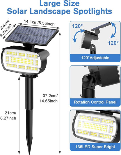 Fabrito Large Solar Spot Lights Outdoor 6 Pack, 1000 Lumens High Brightness, IP65 Waterproof Solar Spotlight with 136 LEDs, Dusk to Dawn Solar Landscape Lights for Yard, Garden, Pathway, Plants(White)
