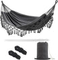 JoyView Boho Macrame Double Hammock with Hanging Ropes & Elegant Tassels 86.6x59 Portable Cotton Hammock for Patio Backyard Porch 450LBS Weight Capacity Perfect for Outdoor/Indoor - Dark Grey