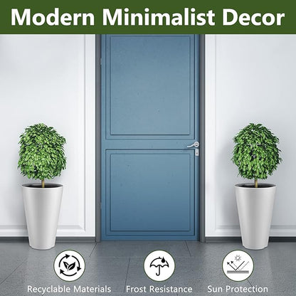 Sieral Set of 2 Tall Outdoor Planters 12 x 18 Inch Large Resin Outdoor Planters for Front Porch Flower Round Floor Decorative Indoor Pots with Drainage(White)