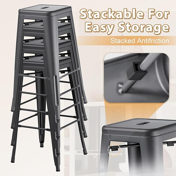 Furmax 30 Inch Metal Bar Stools Set of 4, Counter Height Backless Stools, Industrial Bar Chairs Patio Stool Stackable Backless Stool for Kitchen/Dining Room/Bistro/Patio Indoor Outdoor (Gray)