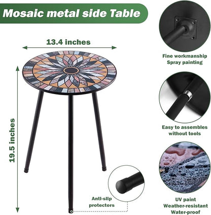 Party Zealot 1 Pack Metal Mosaic Round Side Table Small 13.4" End Patio Round Accent Table Garden Corner Stand for Small Spaces Weather-Resistant for Balcony Plant Stand Indoor Outdoor