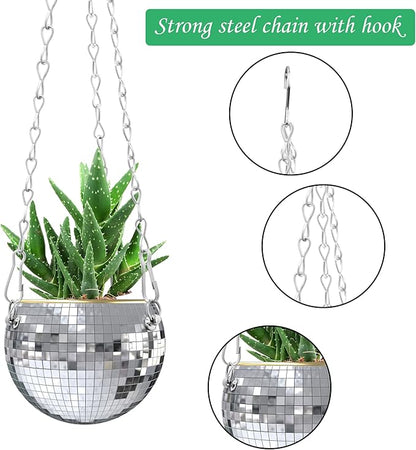 moonoom 2 Pcs Hanging Disco Ball Planter - 4Inch Sliver Disco Mirror Ball Planter with Chain - Home Boho Hanging Planter for Indoor Outdoor Plants