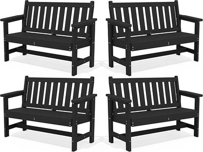 SERWALL Outdoor Bench, HDPE Outdoor Benches Weatherproof, 2-Person Garden Bench with 660 lbs Weight Capacity, Patio Benches for Outdoors, Garden, Porch, Backyard and Park, Black, 4 Pack