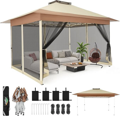C0BIZI Gazebo 10x15 Pop up Canopy,Gazebos on Clearance-Canopy Tent with Mosquito Netting for Lawn,Garden,Backyard & Patio-Outdoor Tent-Water Resistant and UPF50+ (Khaki)