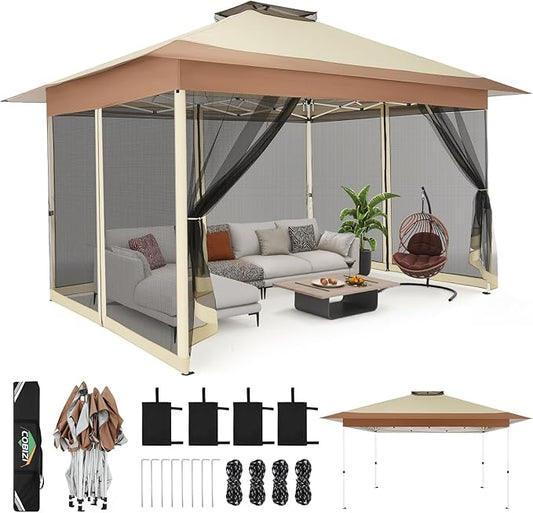 C0BIZI Gazebo 10x15 Pop up Canopy,Gazebos on Clearance-Canopy Tent with Mosquito Netting for Lawn,Garden,Backyard & Patio-Outdoor Tent-Water Resistant and UPF50+ (Khaki)