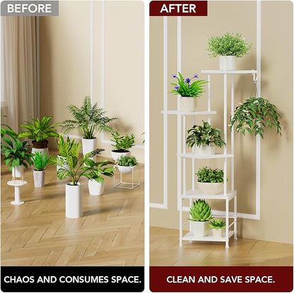 Plant Stand Indoor with Grow Light, 5-Tiered Tall Plant Stand Indoor, Metal Plant Shelf with Hanging Basket Hook and Adjustable Light, Ideal for Living Room, Garden, Patio white