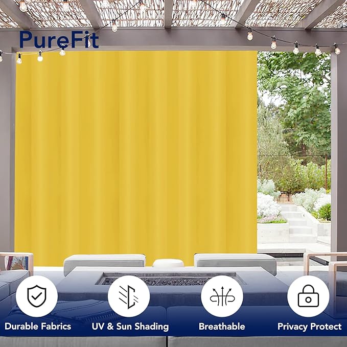 PureFit Outdoor Curtains for Patio Waterproof Weatherproof, UV Resistant Outside Curtains for Gazebo, Front Porch, Pergola, Sun Blocking Privacy Curtain, 120W x 108L inch, 1 Panel, Yellow