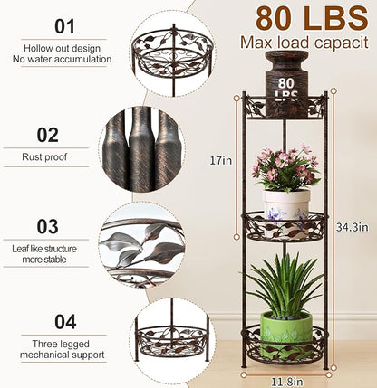 Plant Stand, Heavy Duty Metal Plant Stand Indoor Outdoor, Tall 3 Tiers Plant Shelf for Multiple Plants Pots, Flower Pot Stand for Home, Patio & Garden, Brushed Copper
