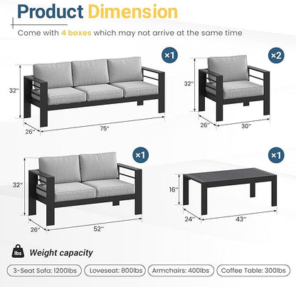 Solaste Aluminum Patio Furniture Set for All Weather, Oversized Metal Outdoor Furniture Set with 27.5" Deep Seating and 3.2" Wide Armrest, Patio Conversation Set with 10’’ Back Cushion, Black and Grey