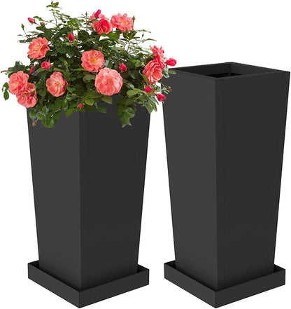 Tall Planters 28" H - 2 Pack, Tapered Pots with Drainage Insert Shelve & Trays, Metal Outdoor Planter Box for Porch, Garden, Patio, Yard (Black)