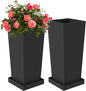 Tall Planters 28" H - 2 Pack, Tapered Pots with Drainage Insert Shelve & Trays, Metal Outdoor Planter Box for Porch, Garden, Patio, Yard (Black)