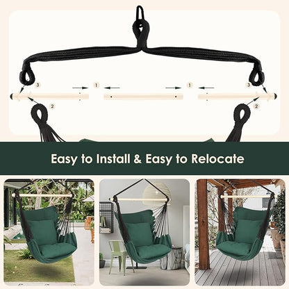 Highwild Hammock Chair Hanging Rope Swing - Max 500 Lbs - 2 Cushions Included - Steel Spreader Bar with Anti-Slip Rings - for Any Indoor or Outdoor Spaces (D- Cushions Included-Green)