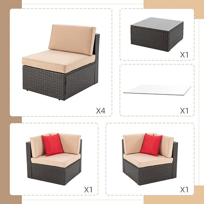 Shintenchi 7 Pieces Patio Furniture Sets Outdoor All-Weather Sectional Patio Sofa Set PE Rattan Manual Weaving Wicker Patio Conversation Set with Glass Table&Ottoman Cushion and Red Pillows, Beige
