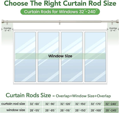 Curtain Rods for Windows 32 to 240, 1 Inch Adjustable Heavy Duty Long Window Curtain Rod with Simple End Caps, Outdoor Drapery Rods for Patio, Size 32"-240", Brushed Nickel