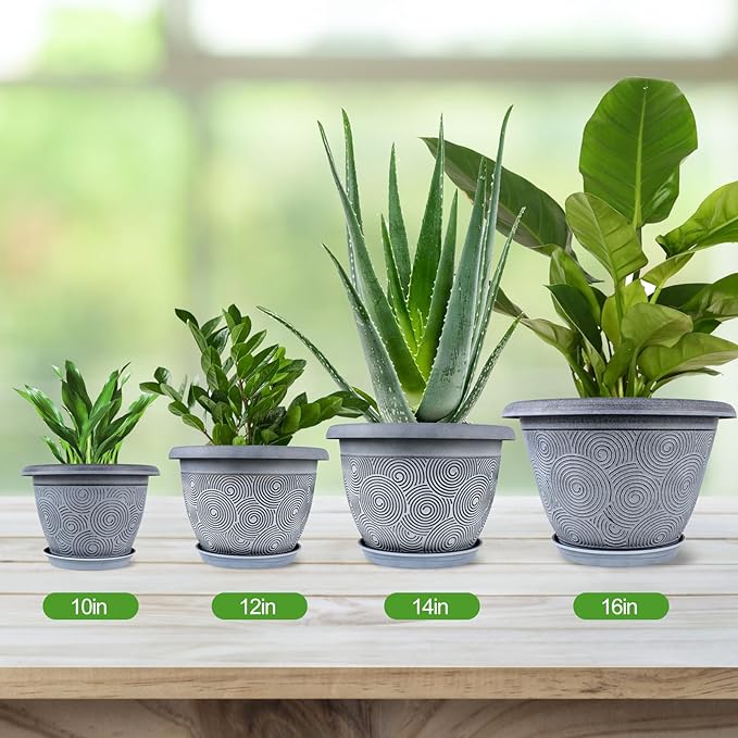 12 Inch Large Planter Pot for Plants Indoor Outdoor, 4 Pack Plastic Flower Pots with Drainage Hole & Tray, Modern Decorative Garden Pot with Saucer, Plant Container for House