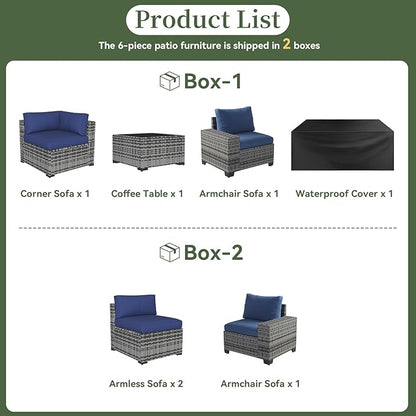 Aoxun 6 Piece Patio Furniture Set with Wide Armrests Wicker Rattan Outdoor Sectional Sofa Set with Coffee Table and Thickened Cushions, Grey/Blue(Waterproof Cover Included)
