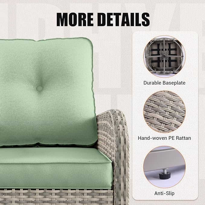 11-Piece Outdoor Patio Furniture Set with Rocking Swivel Chair Wicker Sectional Sofa Set, Patio Conversation Set with Ottomans & Coffee Table for Garden, Backyard, Poolside, Light Green