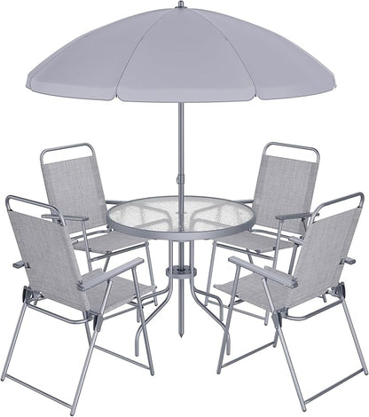 Shintenchi 6 Piece Patio Dining Set with Umbrella, Outdoor Furniture Set with 4 Folding Chairs and Tempered Glass Top Dining Table fot Lawn Backyard Garden Porch, Silver