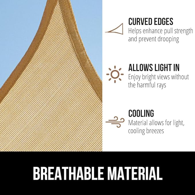 GORILLA GRIP Heavy Duty Sun Shade, UV Protection Fade Tear and Rust Resistant Rectangle Sunshade Canopy, Curved Edges Blocks Sunlight, Breathable Sail, Outdoor Patio, Lawn Garden, 16x16x16, Sand