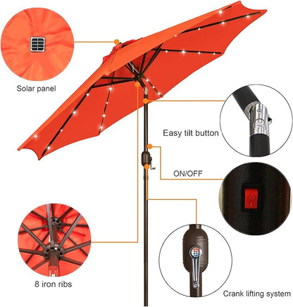 Blissun 9 ft Solar Umbrella, 32 LED Lighted Patio Umbrella, Table Market Umbrella, Outdoor Umbrella for Garden, Deck, Backyard, Pool and Beach (Orange)