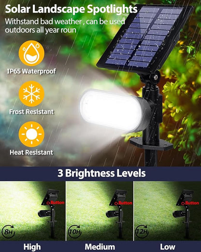 Solar Spot Lights Outdoor, 3 Lighting Modes Landscape Spotlights, IP65 Waterproof Solar Powered Outdoor Lights for Outside Garden Yard Pathway, Cool White, 2 Pack