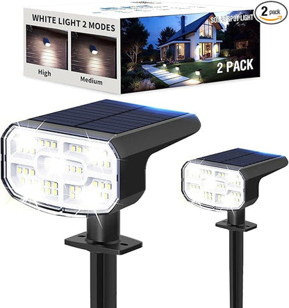 Solar Lights Outdoor Waterproof IP65, Super Bright LED, Cool Light 2 Lighting Modes Selectable, Solar Powered Yard Garden Solar Spot Lights for Outside Landscape Auto On/Off -2 Pack