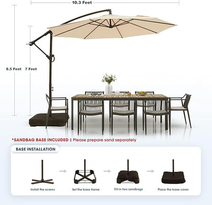 wikiwiki 10ft Patio Umbrella with Base Included, Outdoor Offset Cantilever Umbrella with Sandbag Base for Backyard, Garden and Pool, Easy to Tilt and Crank, Beige