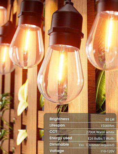 Svater Outdoor Led String Lights 36 FT, Patio Lights for Outside with 13pcs S14 Shatterproof Bulbs, 1 Watt E26 Dimmable, IP65 Waterproof, Commercial Grade Bistro Light 2700K Warm White
