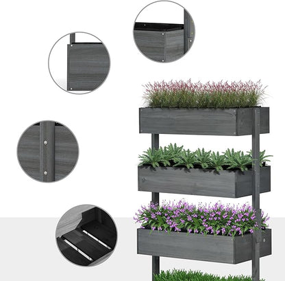 Outsunny Vertical 4 Tier Raised Garden Bed, Wooden Planter Box, Self-Draining with Bed Liner for Indoor Outdoor Flowers, Vegetables and Herbs, Gray