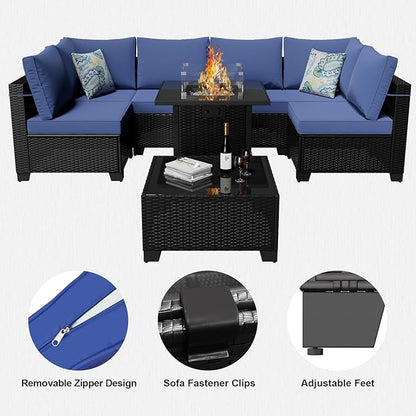 8 Piece Patio Furniture Set with Fire Pit Table, Wicker Outdoor Sectional Sofa, Conversation Set for Backyard, Garden, Deck (Coffee/Blue)