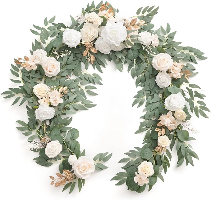 Artificial Flower Garland, 6 Ft Eucalyptus and Willow Leaf, White Beige
