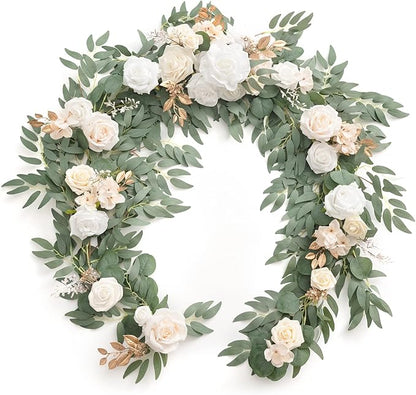 Artificial Flower Garland, 6 Ft Eucalyptus and Willow Leaf, White Beige