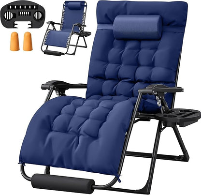 Homall Oversized Zero Gravity Chair, 32In Recliner Lounge Chair with Removable Soft Cushion and Cup Holder, Adjustable Anti Gravity Chair Folding Patio Chairs Padded for Indoor and Outdoor, Blue