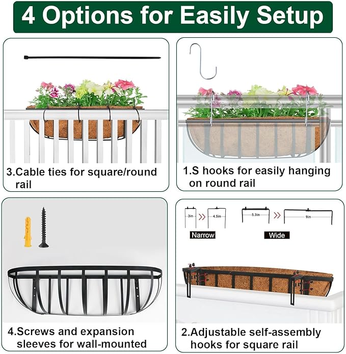 2 Pack 24" Railing Planter Window Box with Coco Fiber Liner Horse Trough Planter The Railing Planters Boxes for Deck Porch Fence Outdoor