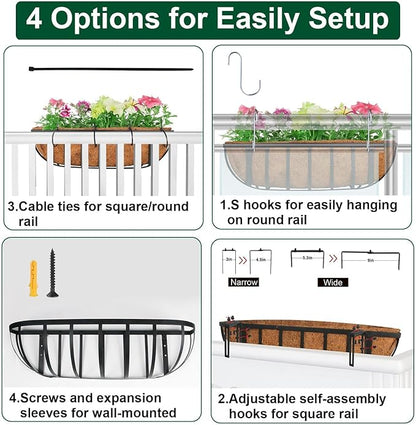 2 Pack 16" Railing Planter Window Box with Coco Fiber Liner Horse Trough Planter The Railing Planter Boxes for Deck Porch Fence Outdoor