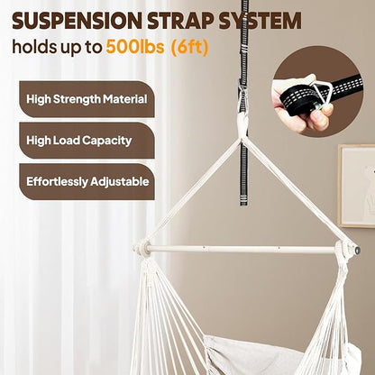 Chihee Hammock Chair 4.9ft x 3.9ft Max 500 Lbs Widen Hanging Swing 2 Cushions Included Metal Spreader Bar with Anti-Slip Grooves Portable Comfy Hanging Chair Side Pocket Bohemian Chair Indoor Outdoor
