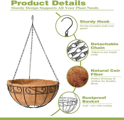 4 Pack 14 Inch Hanging Baskets for Plants Outdoor Metal Hanging Planter Hanging Flower Baskets with Coco Fiber Liners Chain Round Wire Plant Holder Hangings Flower Pots(Plaid)