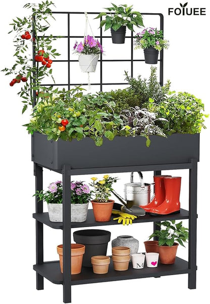 Metal Raised Garden Bed with Trellis & 2-Tier Storage Shelf, Elevated Planter Box with Legs -Includes 3 Flower Pots, Outdoor Vertical Garden for Vegetables Herbs Climbing Plants Patio Balcony